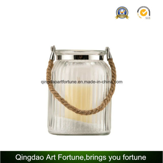 Rope Handle Round Glass Candle Lantern for Decor