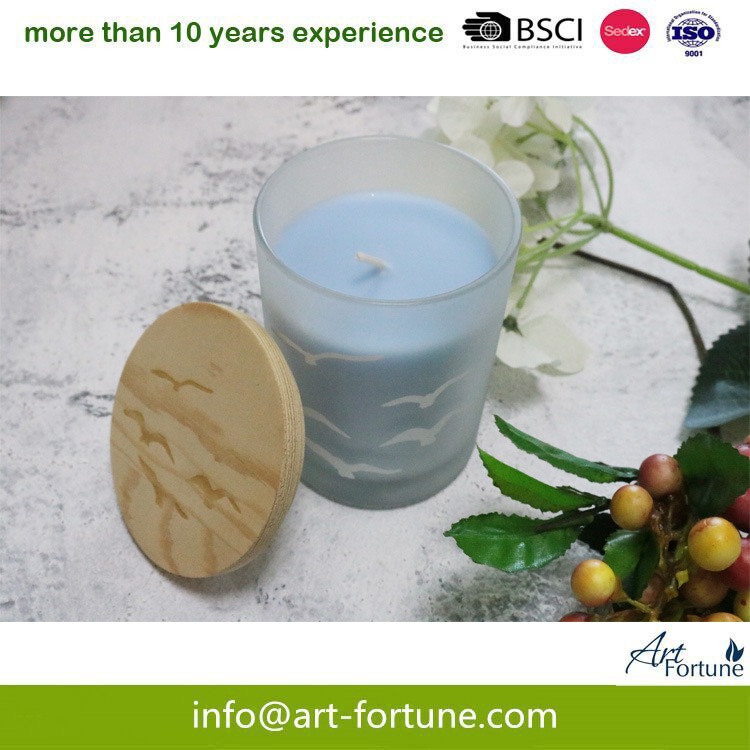 Frosted Scented Glass Candle with Wooden Lid for Home Decoration