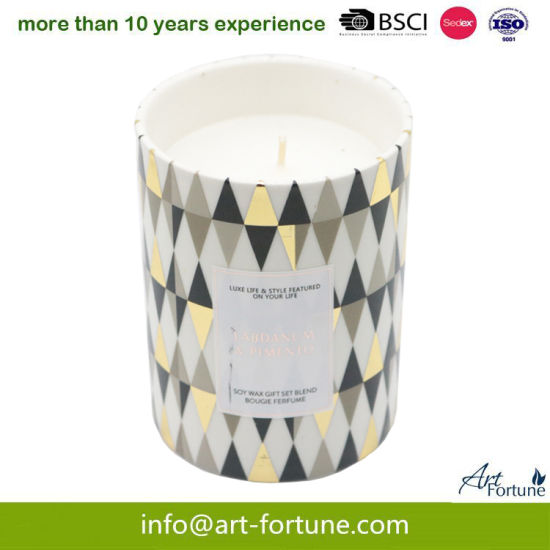 Scented Ceramic Candle in Sprey Color and Paper Decal for Home Decor