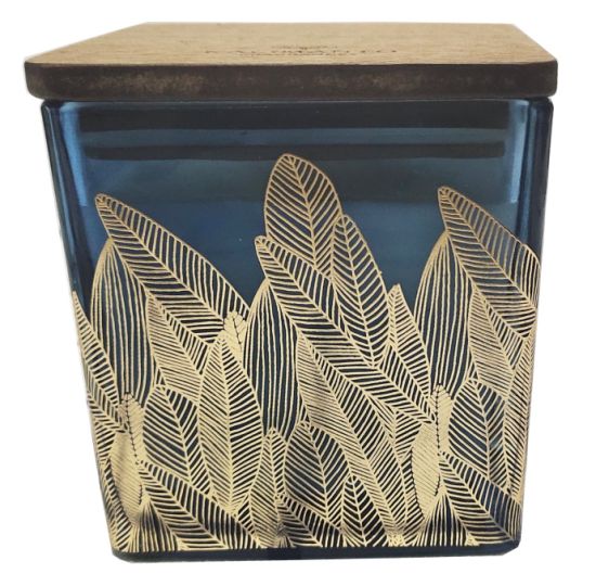 7.5oz Blue Square Glass with Golden Leaves Jar Candle