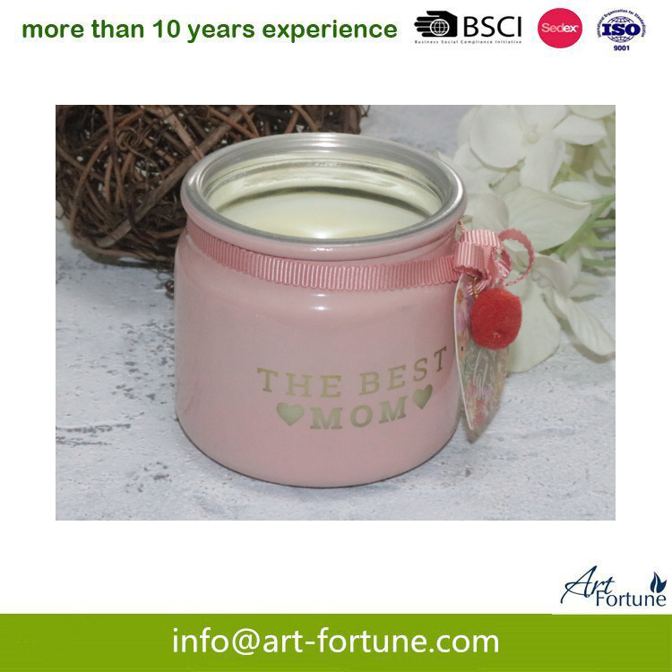 Printed Pink Glass Jar Candle with Ribbon for Valentine Festival