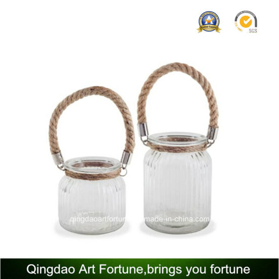 Rope Handle Round Glass Candle Lantern for Decor
