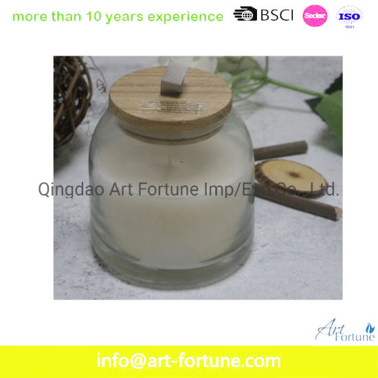 Glass Jar Candle with Decal Paper and Wooden Lid for Home Decor