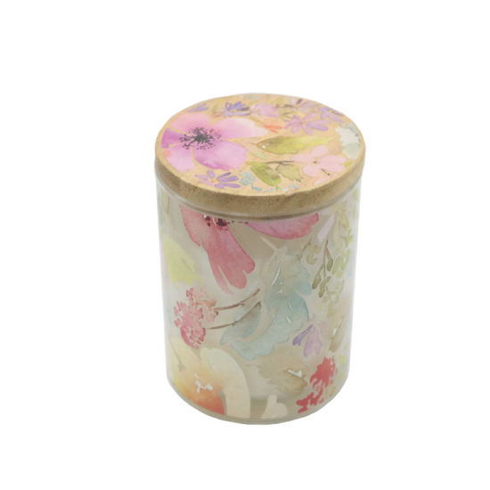 Scent Glass Candle with Flower Decal Paper and Wooden Lid