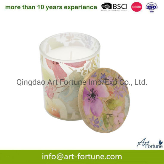 Scent Glass Jar Candle with Decal Paper and Wooden Lid for Home Decor