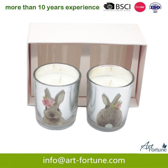Set of 2 Electroplate Glass Candle with Decal Paper in Gift Box for Festival