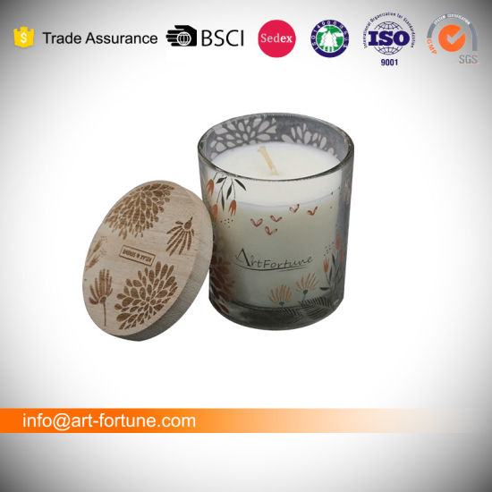 Scented Candle in Glass Jar with Decal Paper and Wooden Lid