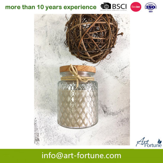 Home Decoration Scented Embossed Glass Candle with Wooden Lid and Leather Line