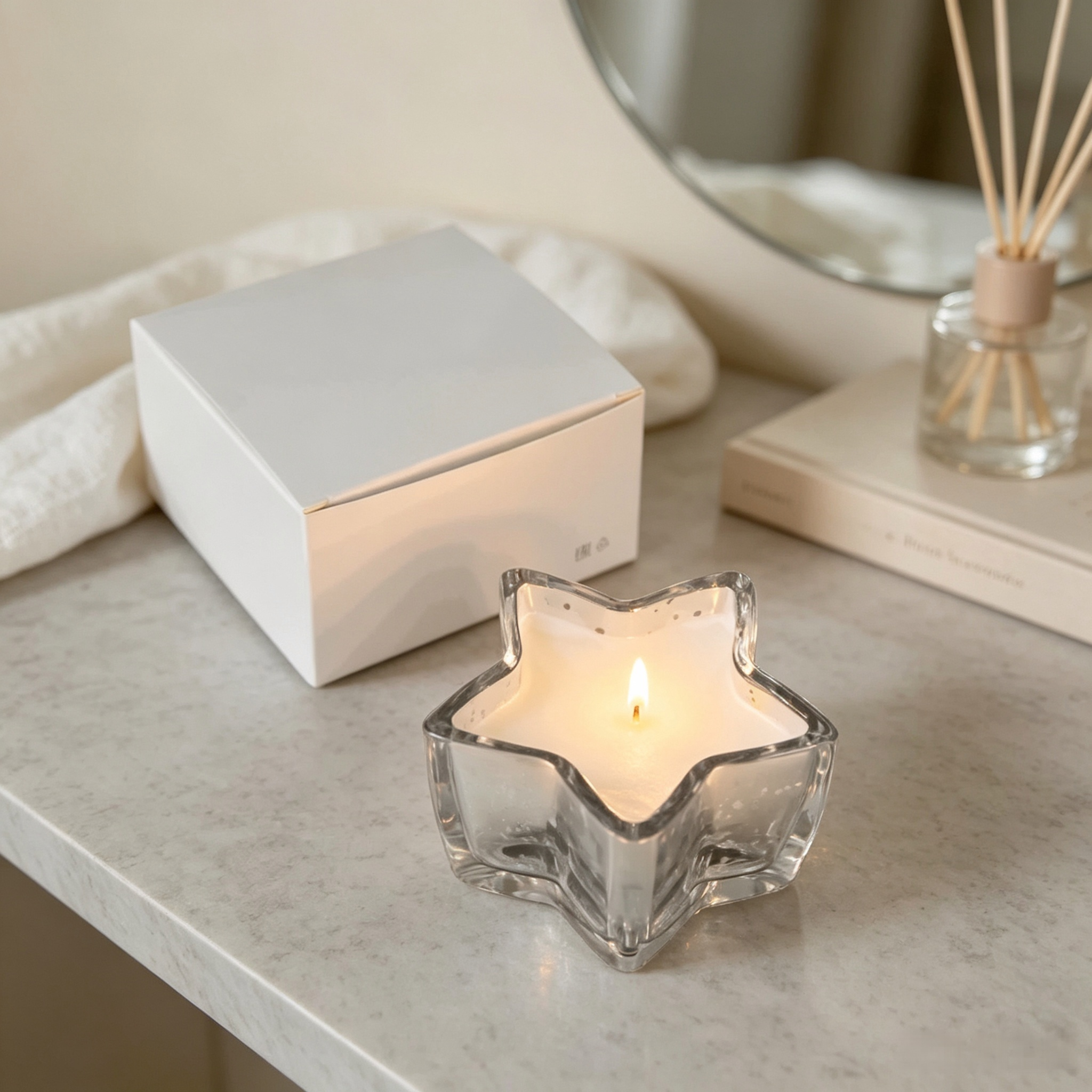 lit star shaped glass candle with gift box on a home vanity.png