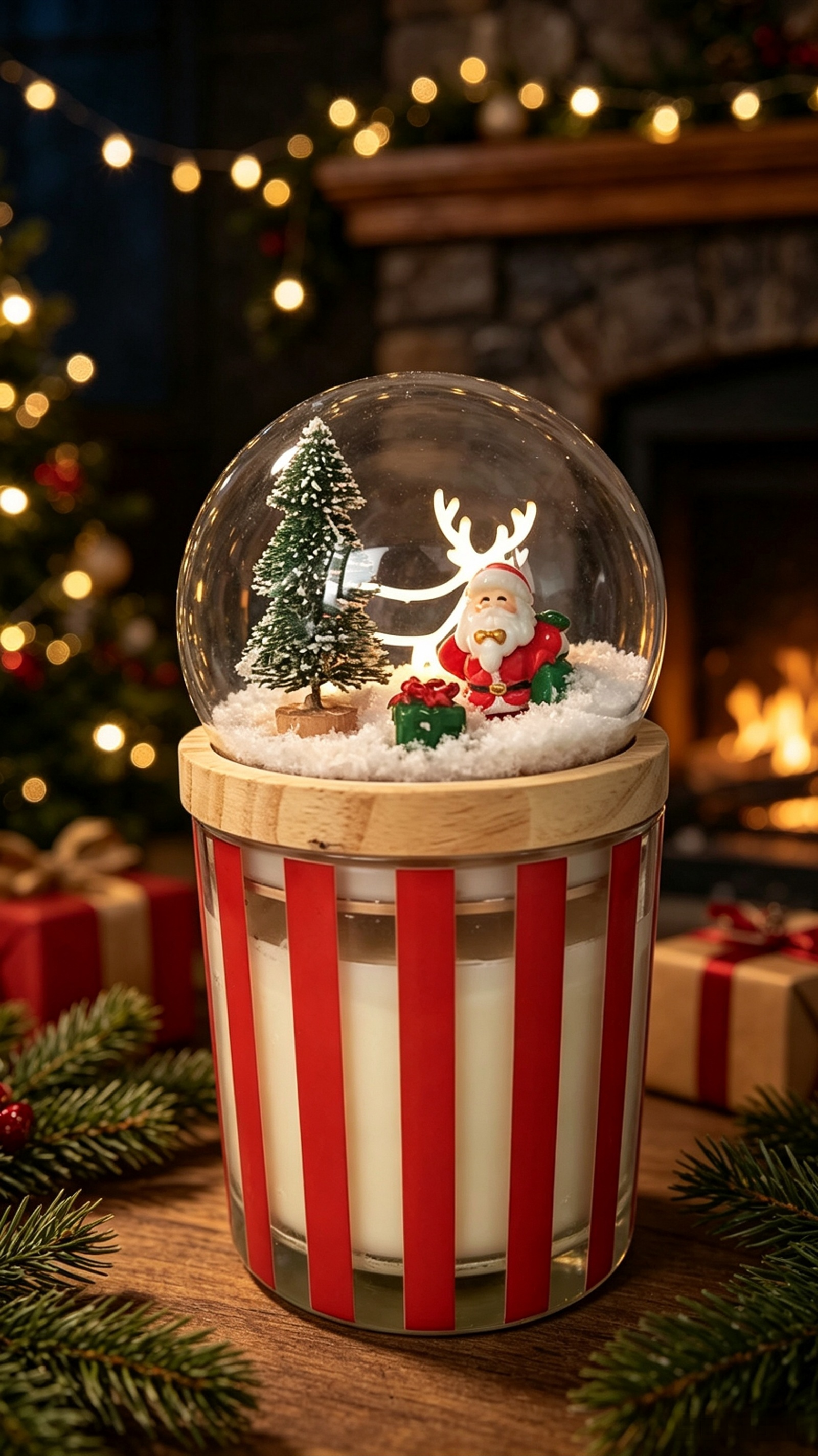 Christmas snow globe candle with Santa Claus and reindeer.png