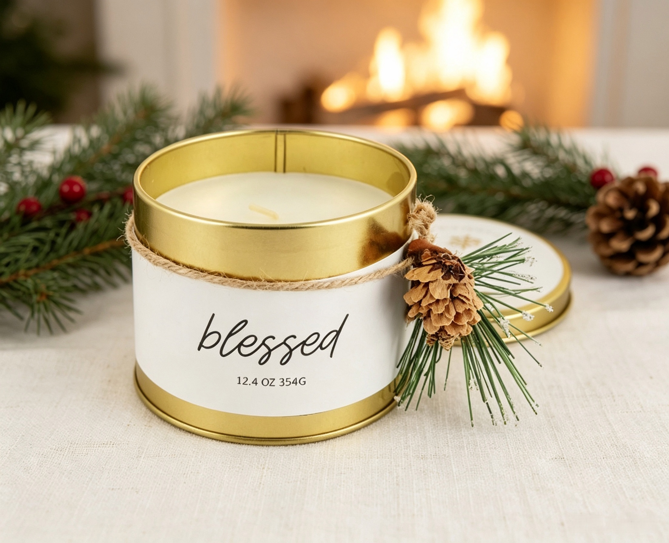 gold metal tin candle with blessed label and pine cone gift decoration - private label candles.png