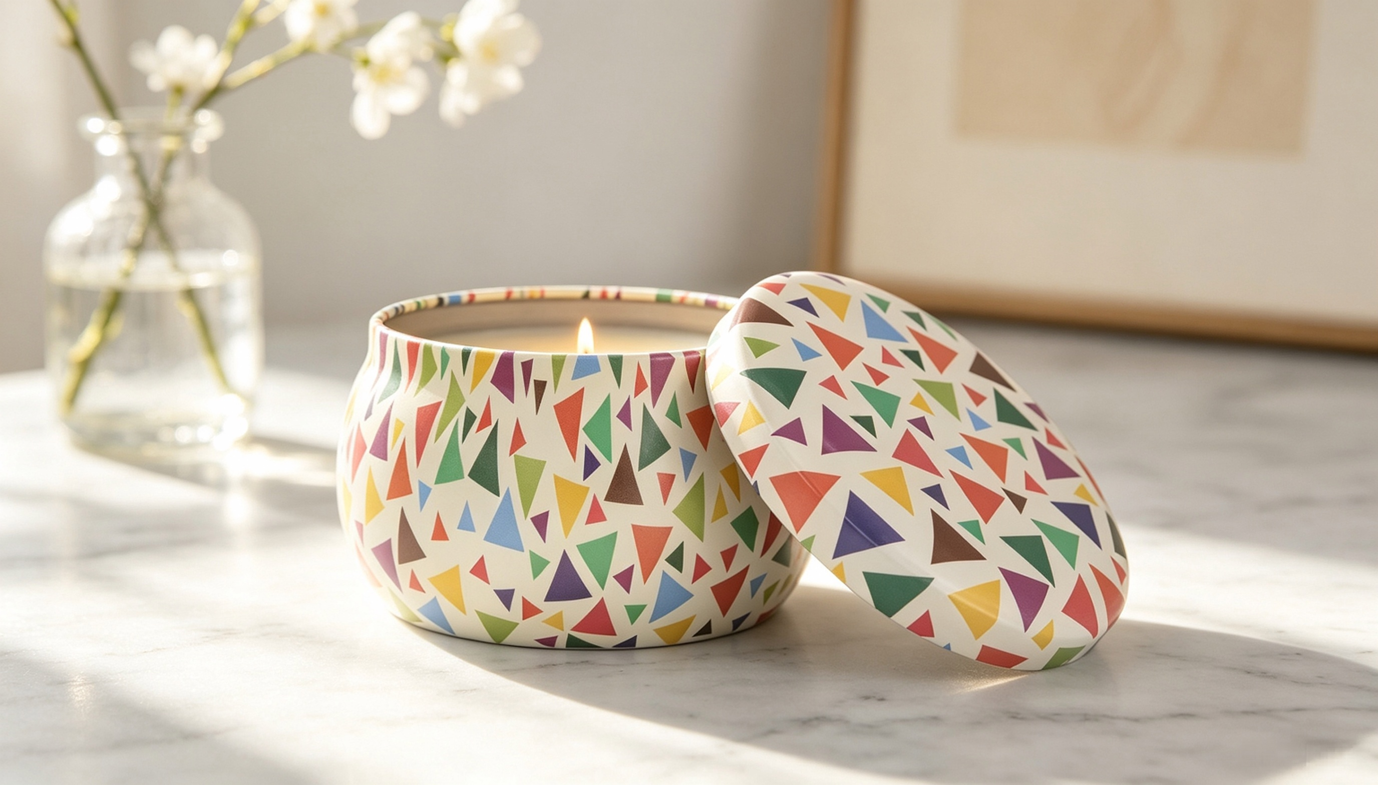 lit colorful geometric print tin candle on marble surface.png