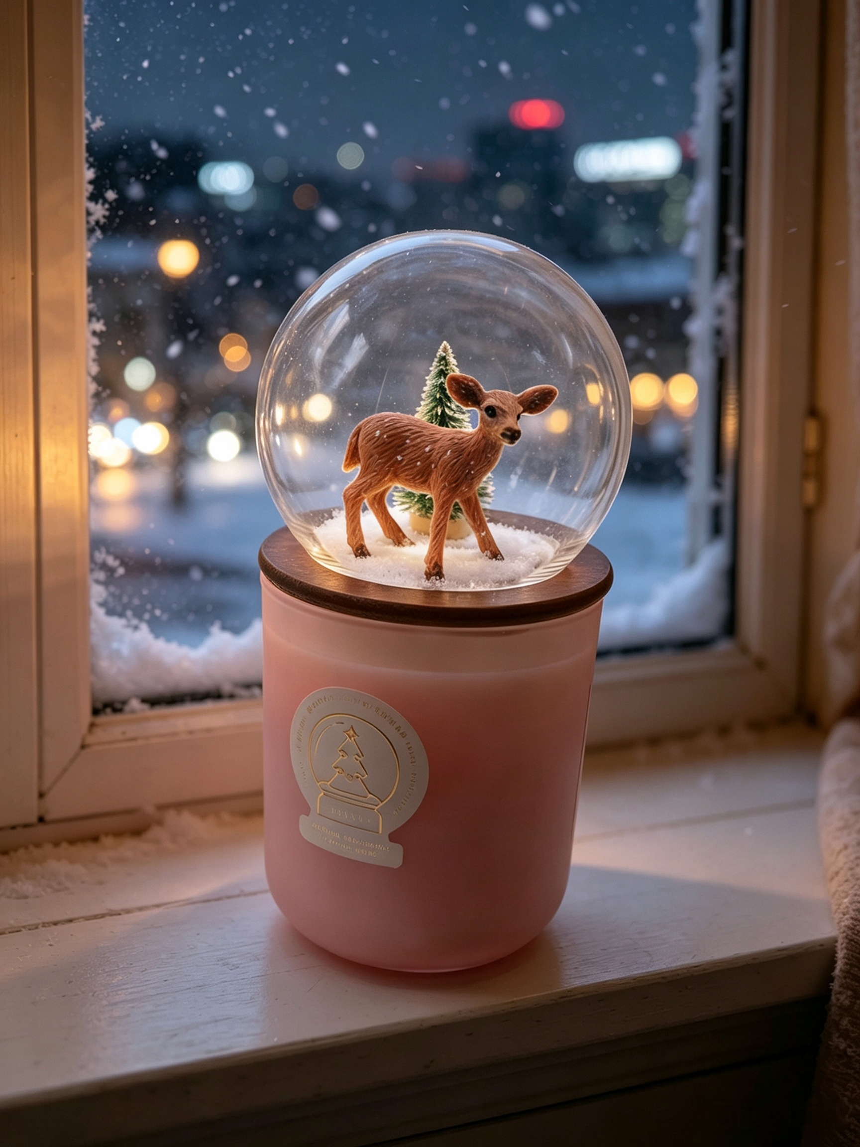 snow globe scented candle with reindeer figurine on a winter windowsill.png