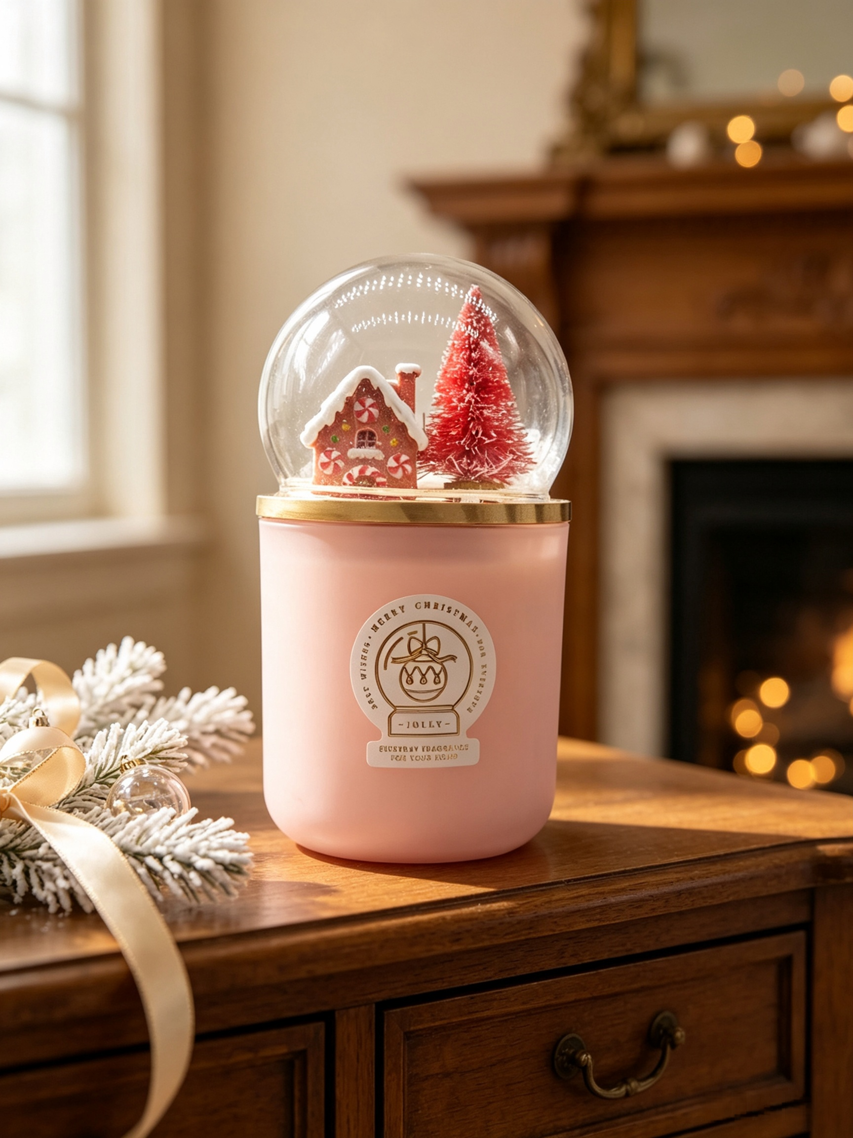 scented snow globe candle glowing on a Christmas dinner table.png