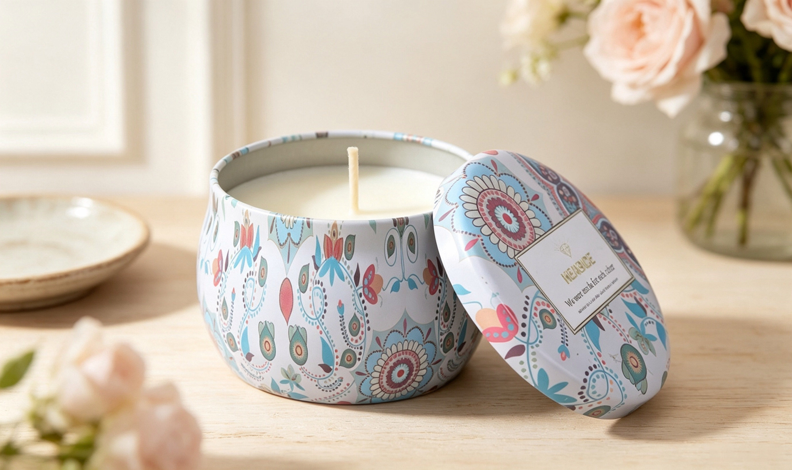 blue floral printed soy wax tin candle with lid on a wooden table.png
