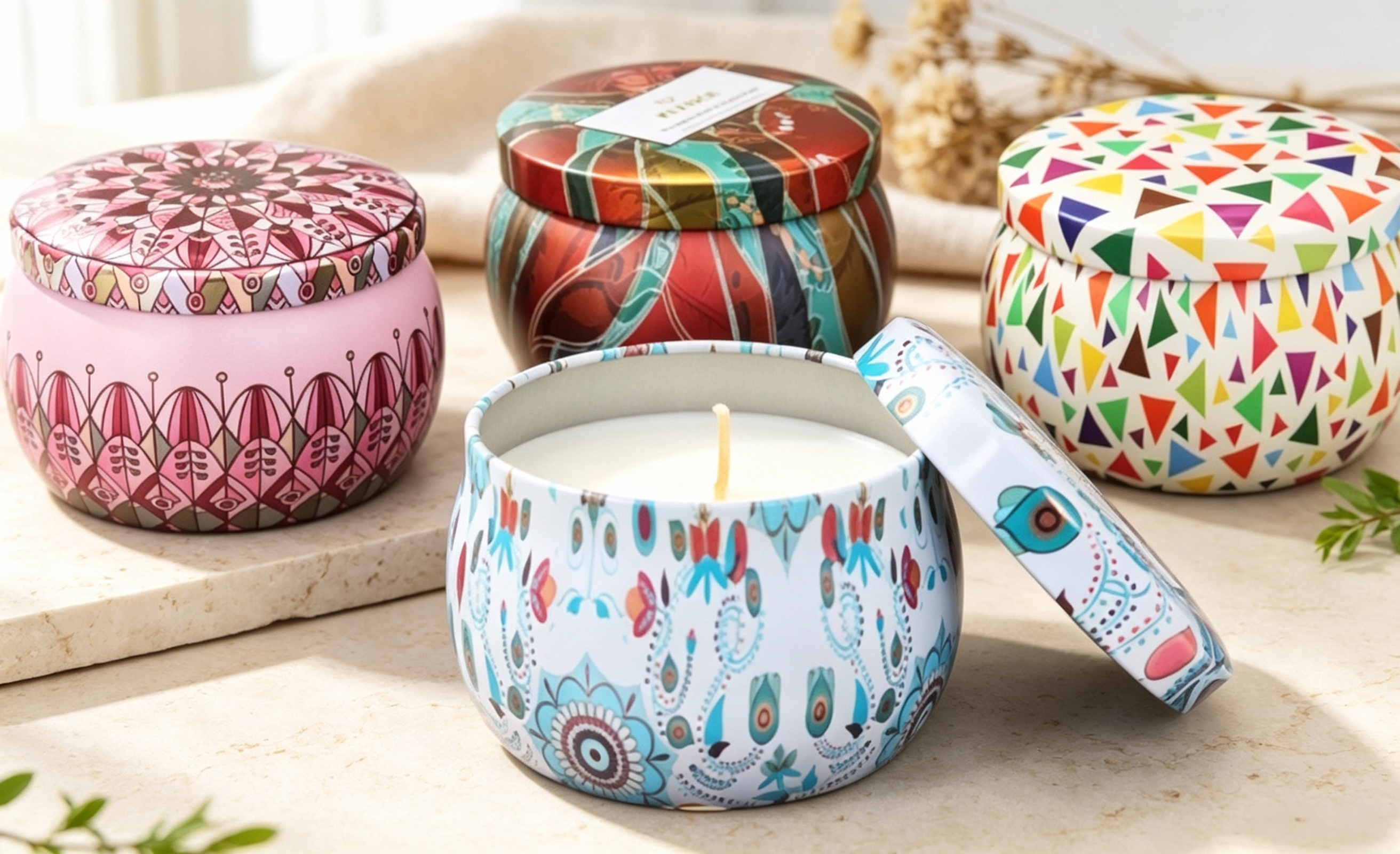 premium natural soy wax tin candles in colorful printed designs.png