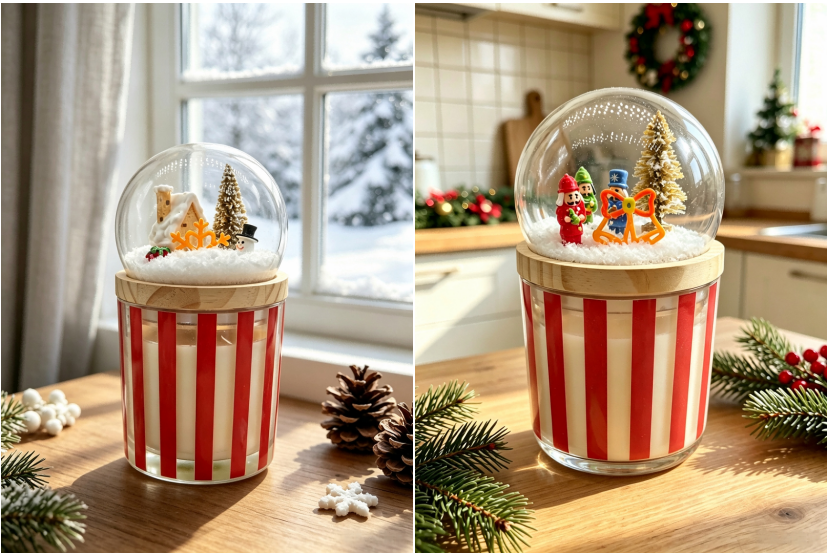 snow globe candle with Santa and snow cabin scenes in striped glass jars.PNG