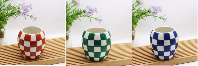 checkered ceramic candle vessels in red, green and blue.PNG